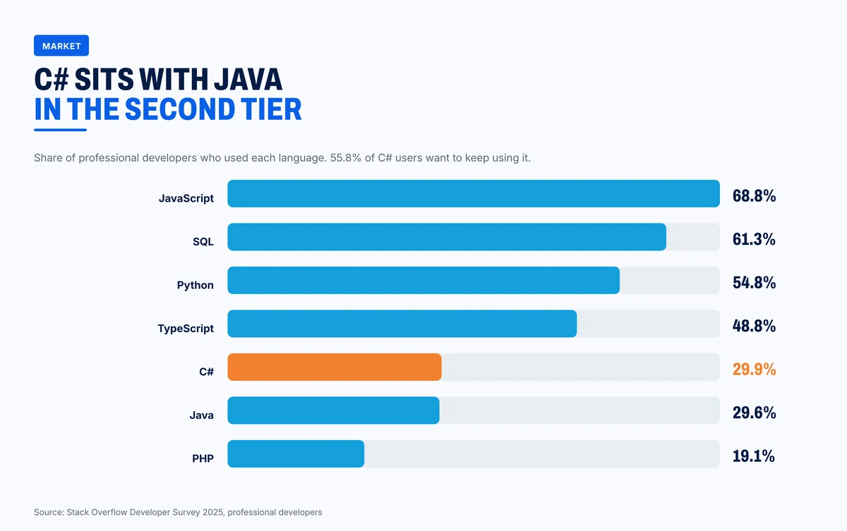 Languages used by professional developers in 2025