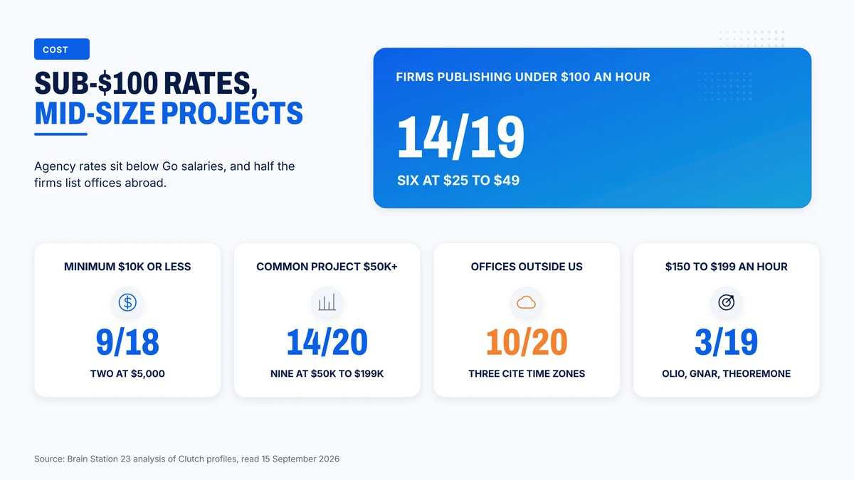 Rates, minimums and project sizes across the twenty Go firms