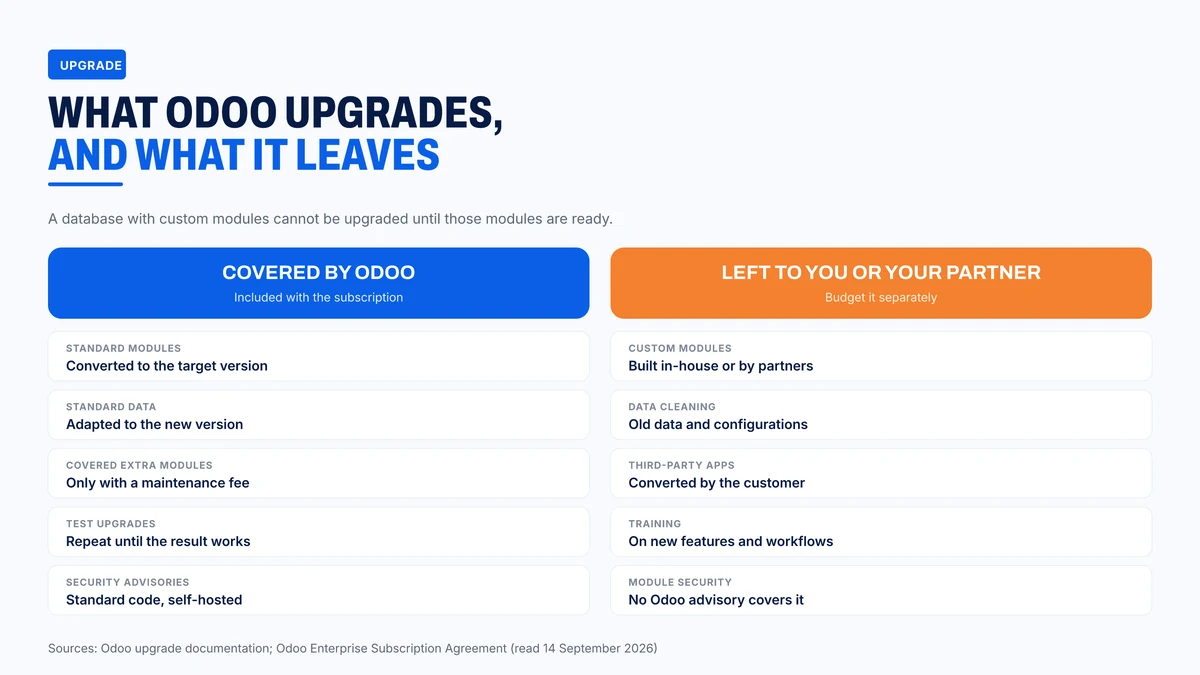 What Odoo's upgrade service covers, and what stays with you or your partner