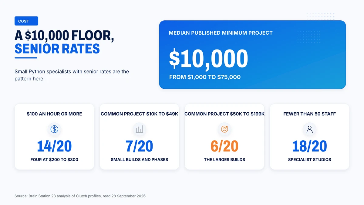 Rates, minimums and project sizes across the twenty Python firms