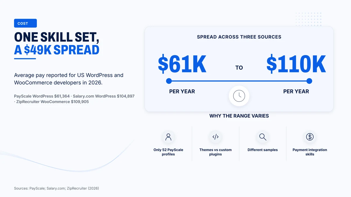 Three salary sources put US WordPress and WooCommerce developers between $61,364 and $109,905