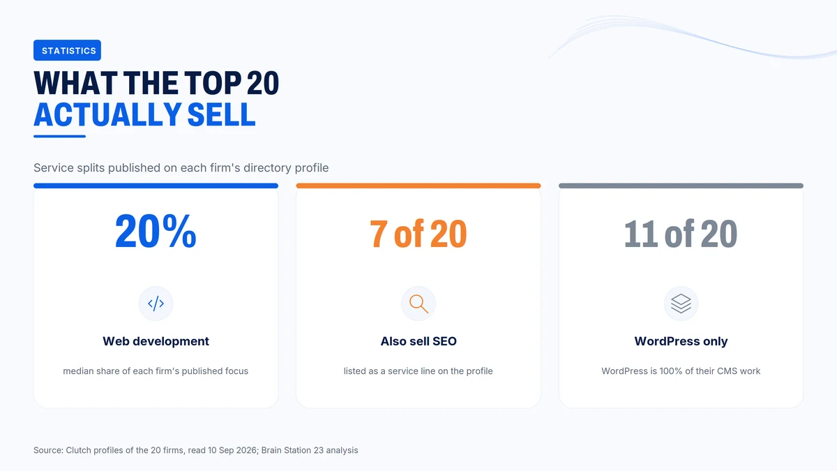 Web development is 20% of the median firm's published focus, 7 of 20 also sell SEO, and 11 of 20 do only WordPress